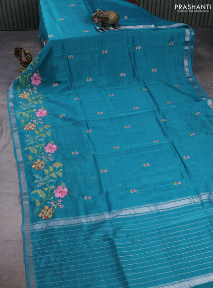 Mangalgiri silk cotton saree teal green with embroidery floral buttas and embroidery border