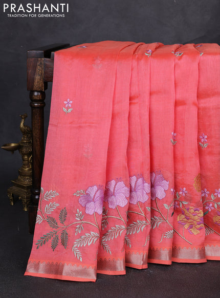 Mangalgiri silk cotton saree peach shade with embroidery floral buttas and embroidery border