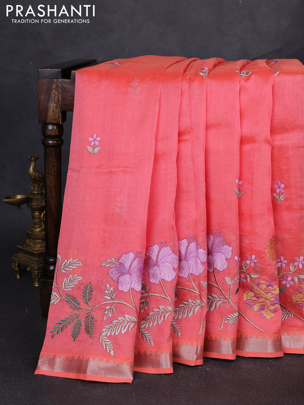 Mangalgiri silk cotton saree peach shade with embroidery floral buttas and embroidery border