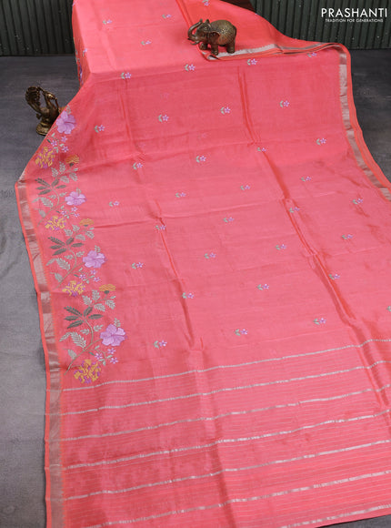 Mangalgiri silk cotton saree peach shade with embroidery floral buttas and embroidery border