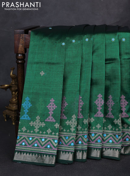 Mangalgiri silk cotton saree green with embroidery buttas and embroidery mirror work border