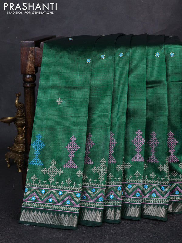 Mangalgiri silk cotton saree green with embroidery buttas and embroidery mirror work border