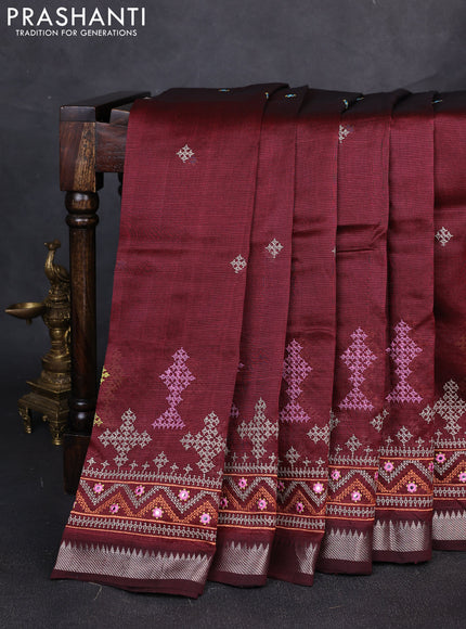 Mangalgiri silk cotton saree maroon with embroidery buttas and embroidery mirror work border