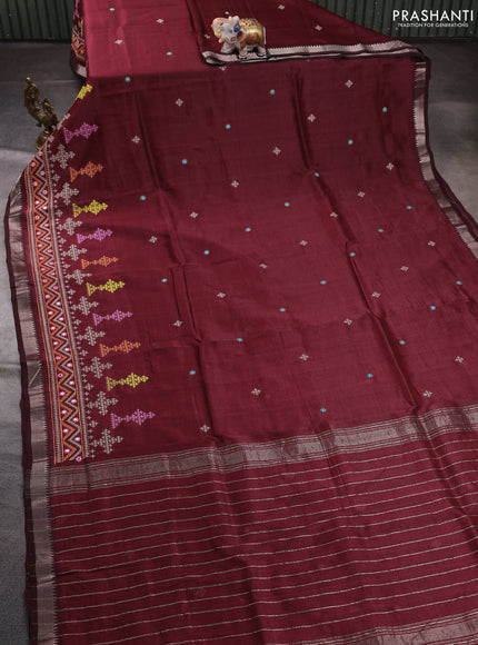 Mangalgiri silk cotton saree maroon with embroidery buttas and embroidery mirror work border