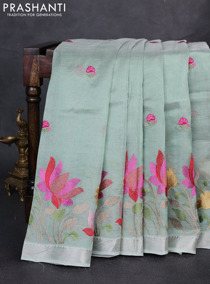 Mangalgiri silk cotton saree pastel green with embroidery floral buttas and embroidery border