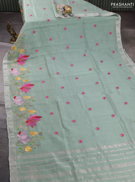 Mangalgiri silk cotton saree pastel green with embroidery floral buttas and embroidery border