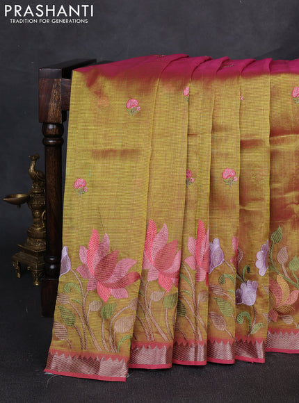 Mangalgiri silk cotton saree dual shade of green and pink with embroidery floral buttas and embroidery border