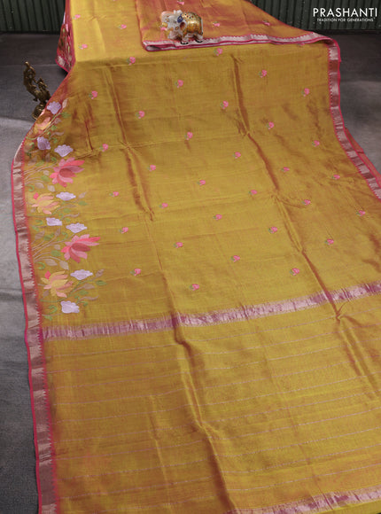 Mangalgiri silk cotton saree dual shade of green and pink with embroidery floral buttas and embroidery border