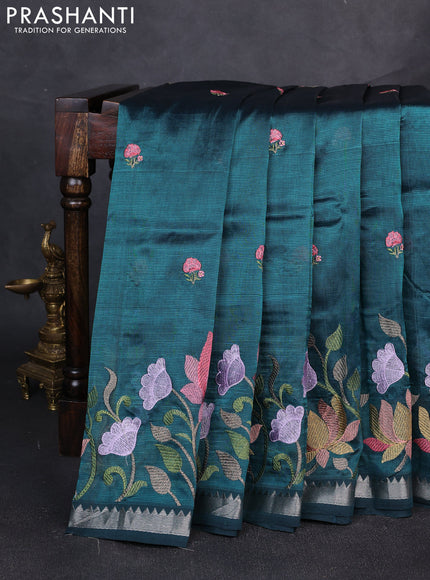 Mangalgiri silk cotton saree peacock green with embroidery floral buttas and embroidery border