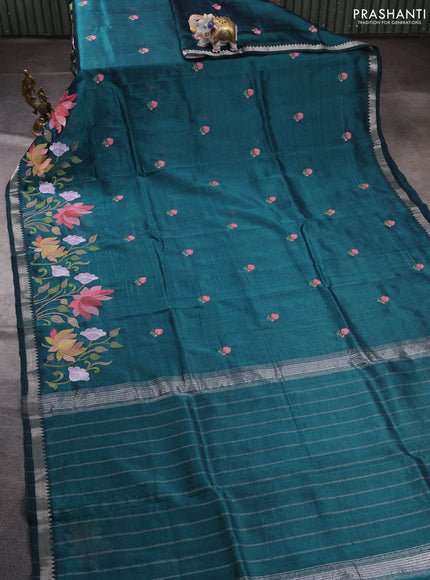 Mangalgiri silk cotton saree peacock green with embroidery floral buttas and embroidery border