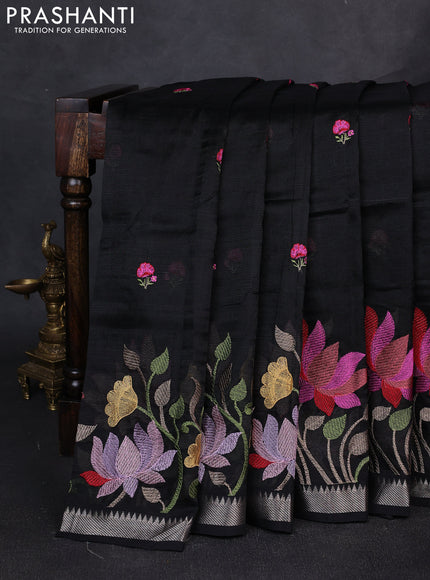 Mangalgiri silk cotton saree black with embroidery floral buttas and embroidery border