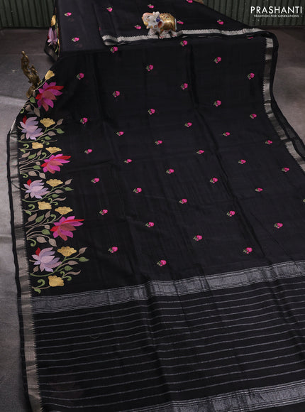 Mangalgiri silk cotton saree black with embroidery floral buttas and embroidery border