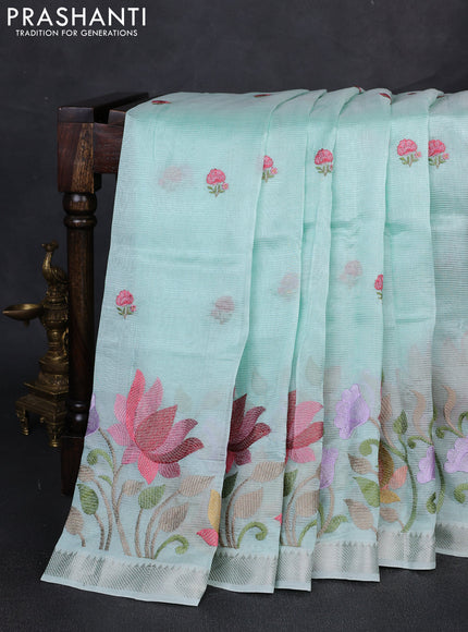 Mangalgiri silk cotton saree mild teal with embroidery floral buttas and embroidery border