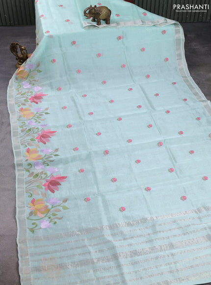 Mangalgiri silk cotton saree mild teal with embroidery floral buttas and embroidery border