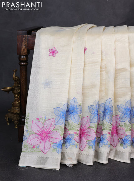Mangalgiri silk cotton saree off white with embroidery floral buttas and embroidery border
