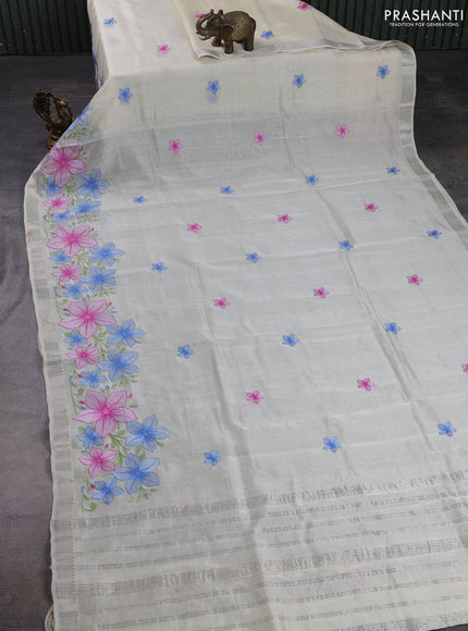 Mangalgiri silk cotton saree off white with embroidery floral buttas and embroidery border
