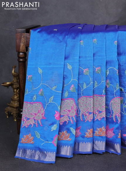 Mangalgiri silk cotton saree cs blue with embroidery buttas and embroidery border