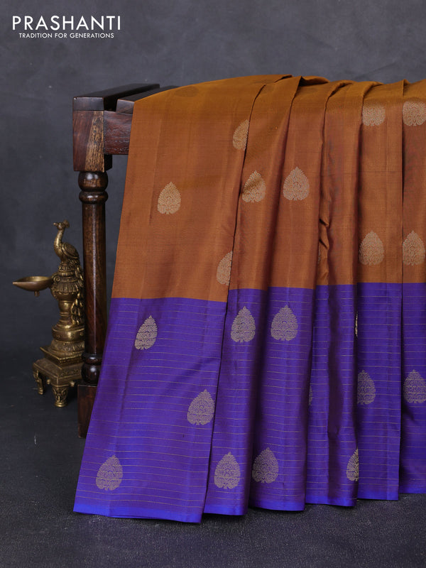 Pure kanchipuram silk saree dark mustard and blue with zari woven buttas and long rich zari woven border