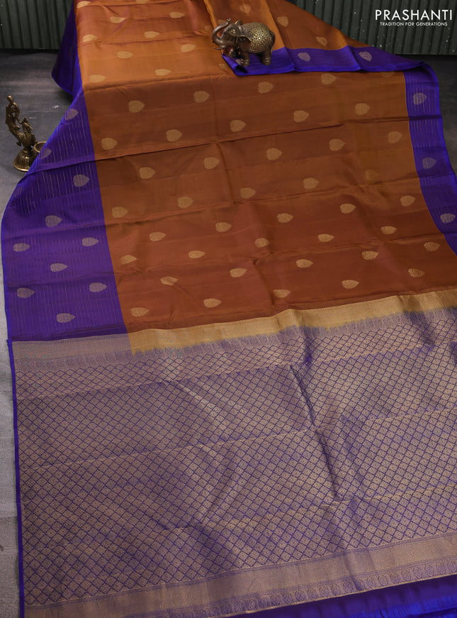 Pure kanchipuram silk saree dark mustard and blue with zari woven buttas and long rich zari woven border