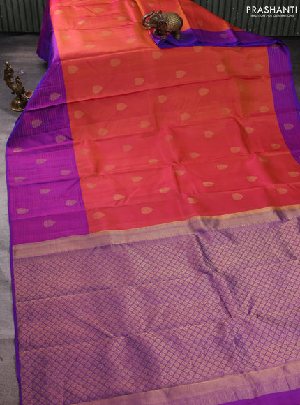 Pure kanchipuram silk saree dual shade of pinkish orange and purple with zari woven buttas and long rich zari woven border