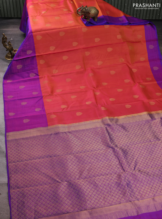 Pure kanchipuram silk saree dual shade of pinkish orange and purple with zari woven buttas and long rich zari woven border