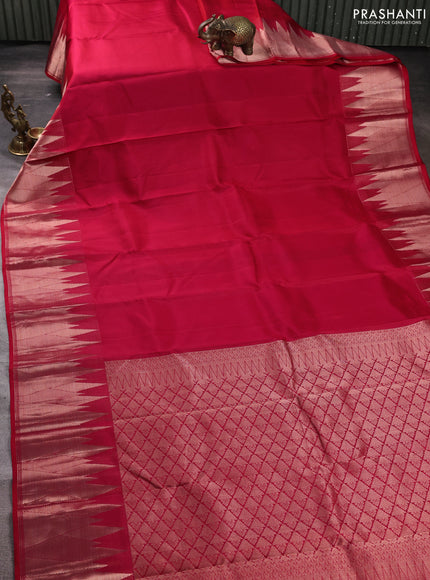 Pure kanchipuram silk saree reddish pink with plain body and temple design zari woven border
