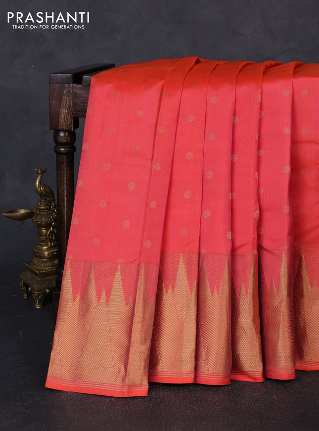 Pure kanchipuram silk saree peach orange with allover zari woven 1000 buttas and temple design zari woven border
