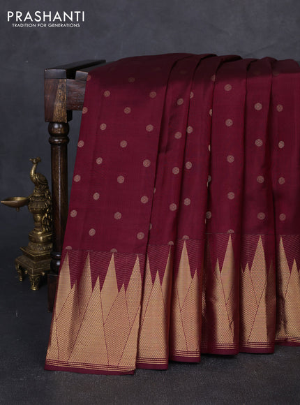 Pure kanchipuram silk saree maroon with allover zari woven 1000 buttas and temple design zari woven border