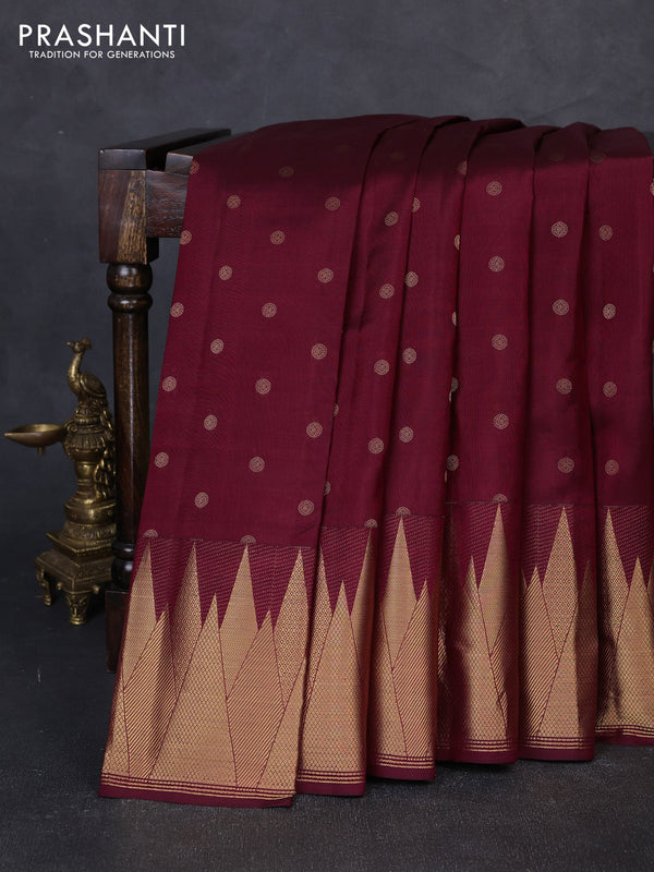Pure kanchipuram silk saree maroon with allover zari woven 1000 buttas and temple design zari woven border
