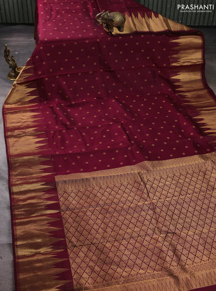Pure kanchipuram silk saree maroon with allover zari woven 1000 buttas and temple design zari woven border