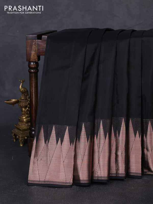 Pure kanchipuram silk saree black with plain body and temple design zari woven border