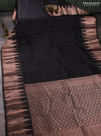 Pure kanchipuram silk saree black with plain body and temple design zari woven border