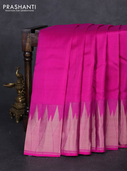 Pure kanchipuram silk saree pink with plain body and temple design zari woven border