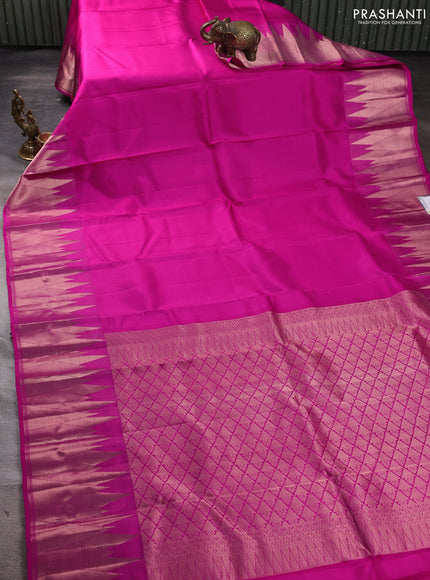 Pure kanchipuram silk saree pink with plain body and temple design zari woven border