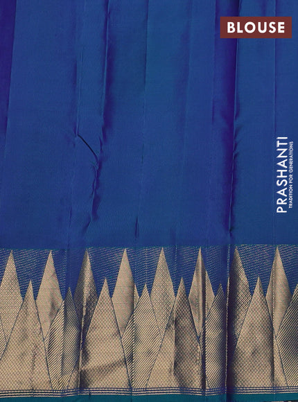 Pure kanchipuram silk saree dual shade of bluish green with allover zari woven 1000 buttas and temple design zari woven border
