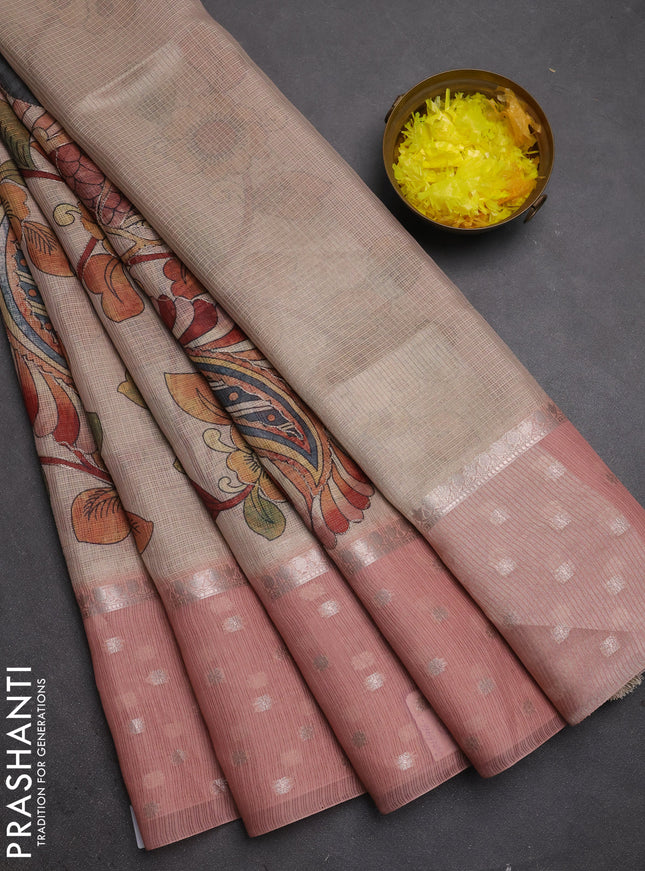 Art kota saree beige and peach with allover kalamari prints & embroidery work and zari woven border