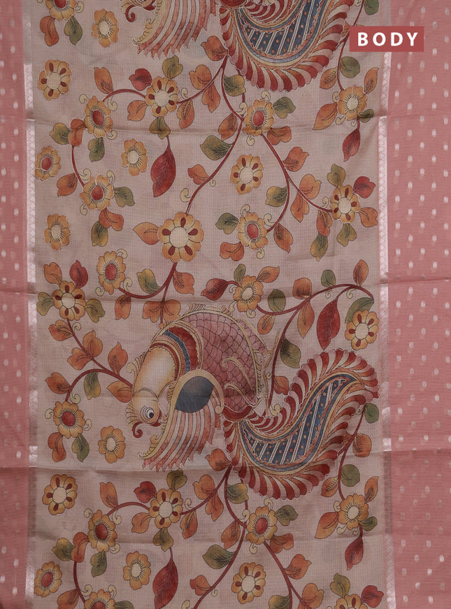 Art kota saree beige and peach with allover kalamari prints & embroidery work and zari woven border