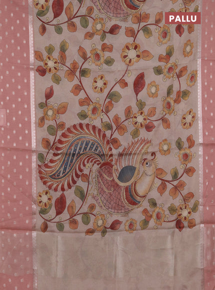 Art kota saree beige and peach with allover kalamari prints & embroidery work and zari woven border