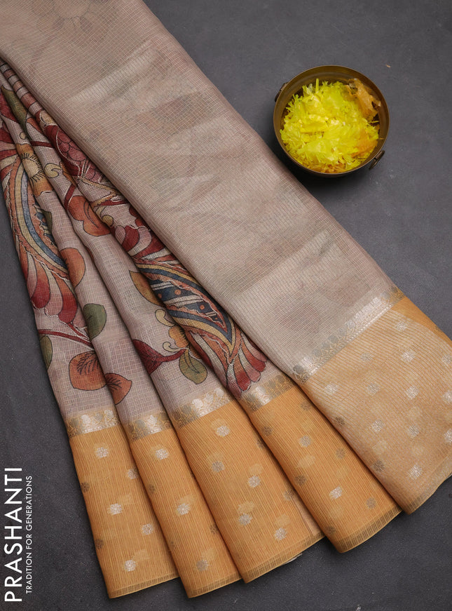 Art kota saree beige and mustard yellow with allover kalamari prints & embroidery work and zari woven border