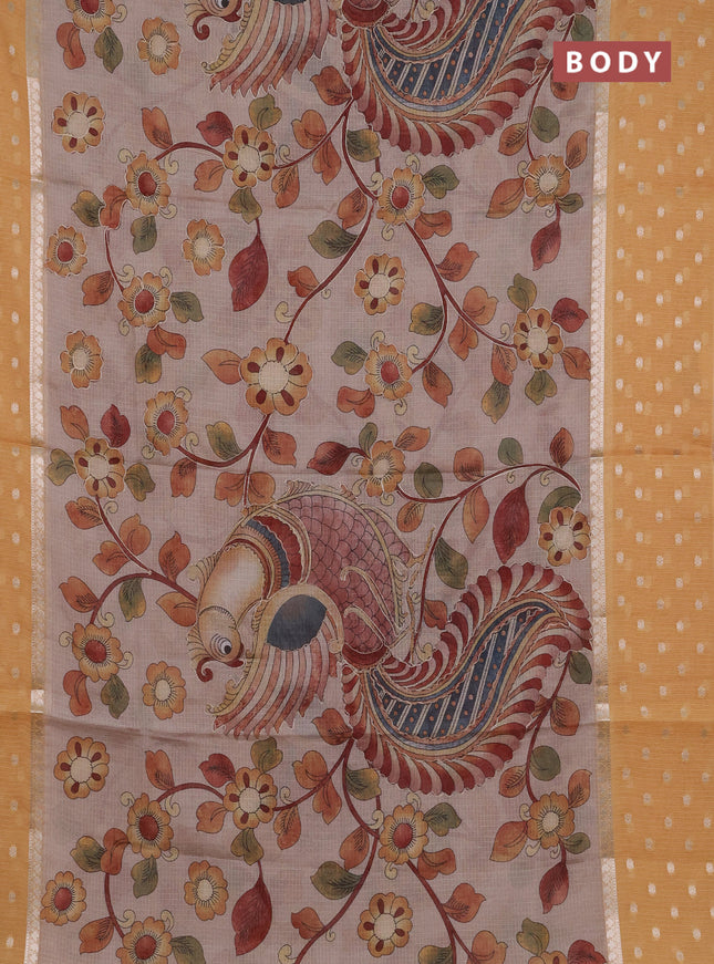 Art kota saree beige and mustard yellow with allover kalamari prints & embroidery work and zari woven border