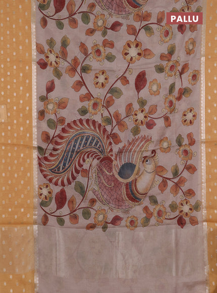Art kota saree beige and mustard yellow with allover kalamari prints & embroidery work and zari woven border