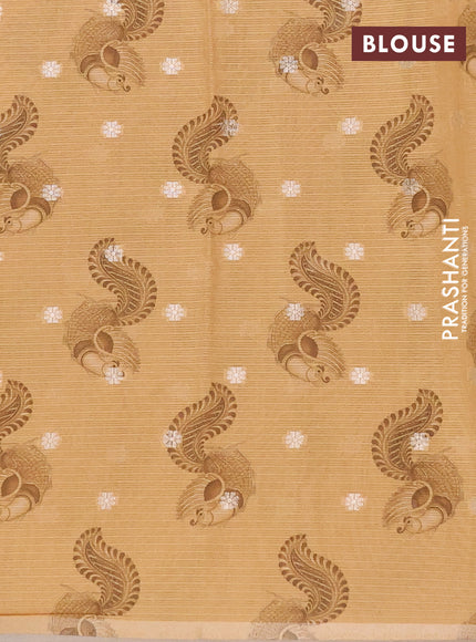 Art kota saree beige and mustard yellow with allover kalamari prints & embroidery work and zari woven border