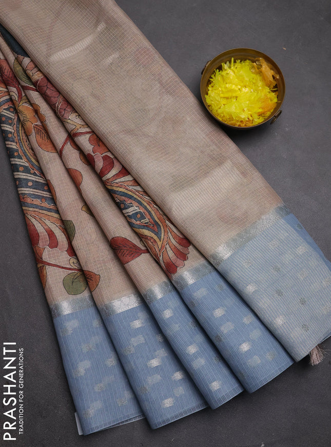 Art kota saree beige and pastel blue with allover kalamari prints & embroidery work and zari woven border
