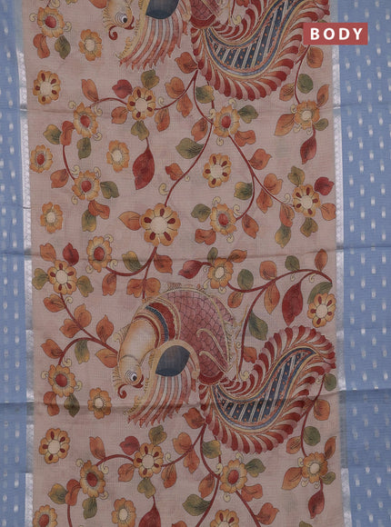 Art kota saree beige and pastel blue with allover kalamari prints & embroidery work and zari woven border