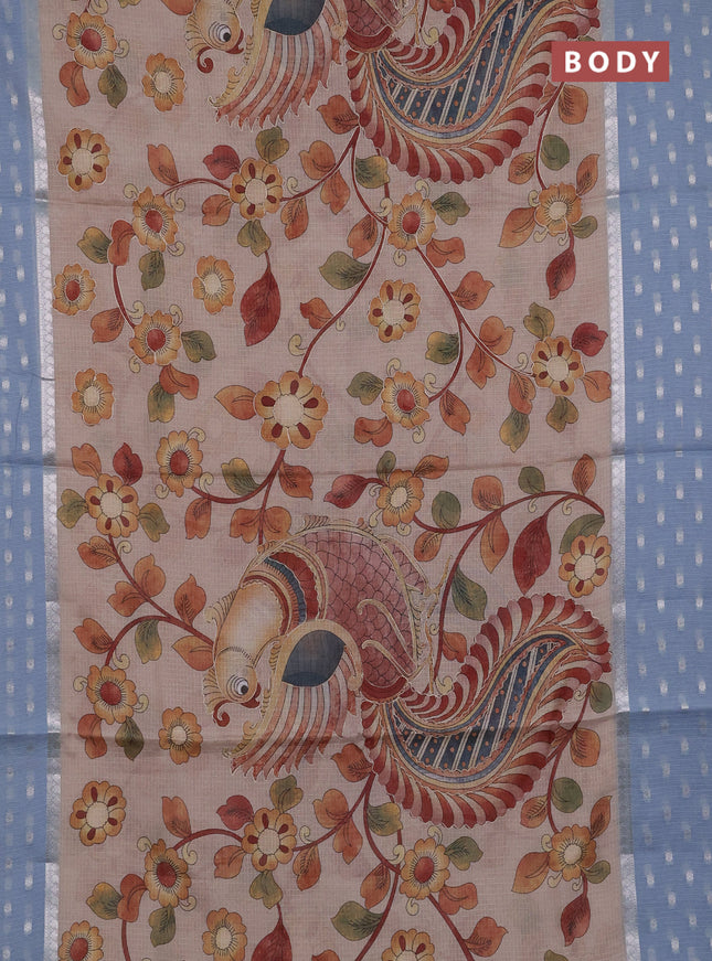 Art kota saree beige and pastel blue with allover kalamari prints & embroidery work and zari woven border