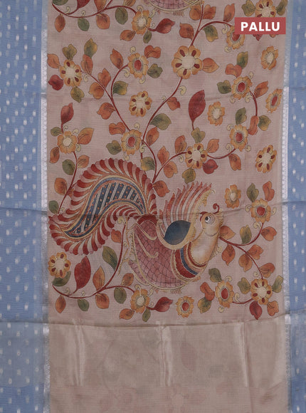 Art kota saree beige and pastel blue with allover kalamari prints & embroidery work and zari woven border