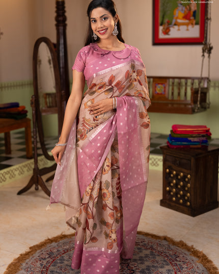 Art kota saree beige and pastel pink with allover kalamari prints & embroidery work and zari woven border