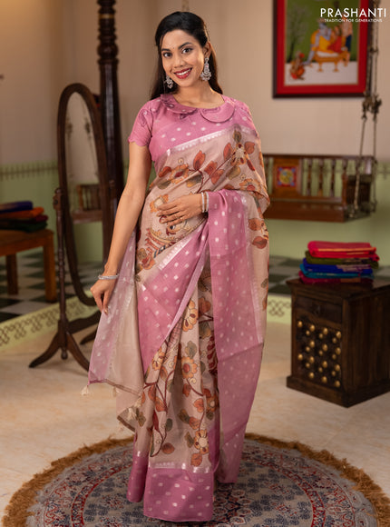 Art kota saree beige and pastel pink with allover kalamari prints & embroidery work and zari woven border