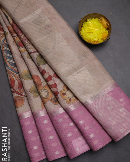 Art kota saree beige and pastel pink with allover kalamari prints & embroidery work and zari woven border