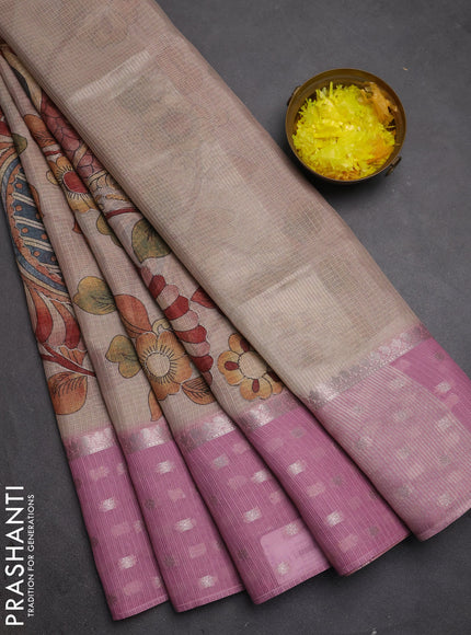 Art kota saree beige and pastel pink with allover kalamari prints & embroidery work and zari woven border